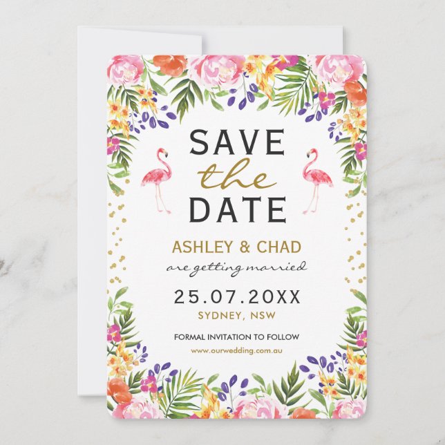 Flamingo Tropical Floral Wedding speichern das Dat Save The Date (Vorderseite)