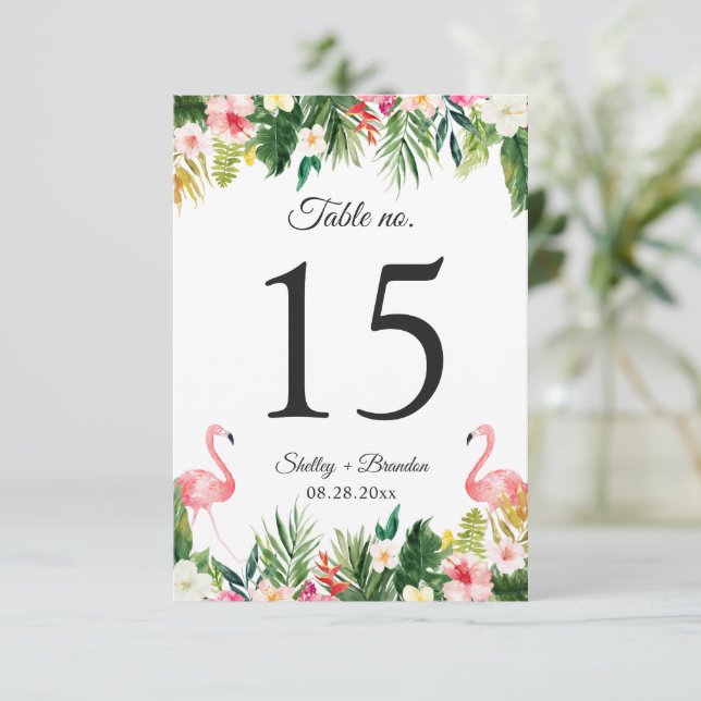 Flamingo Tropical Floral Wedding Tischnummer Card (Stehend Vorderseite)
