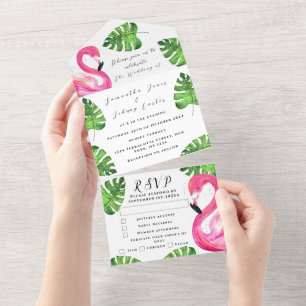 Flamingo Tropical Hawaiian Blätter Floral Wedding All In One Einladung