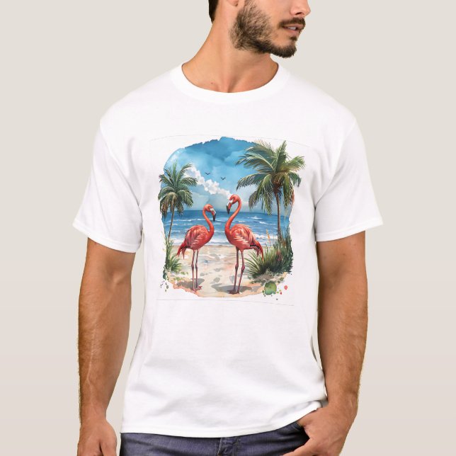 Flamingo Tropical Island Tshirt Beach Palmbäume (Vorderseite)