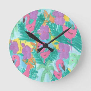 Flamingo Tropical Jungle Pattern Runde Wanduhr