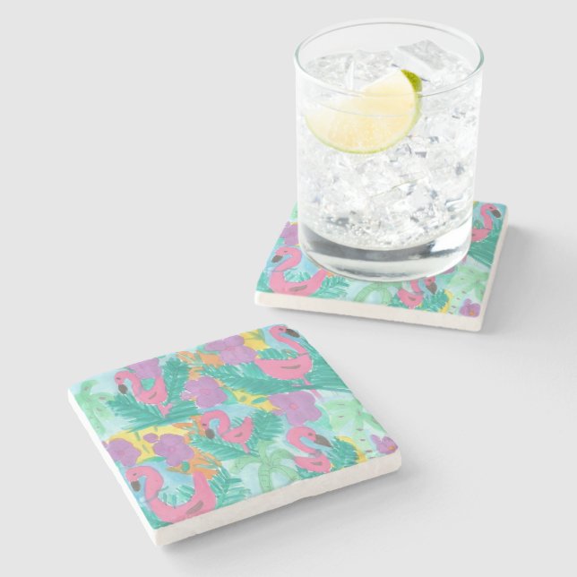 Flamingo Tropical Jungle Print Steinuntersetzer (Seitenansicht)
