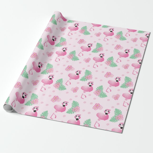 Flamingo Tropical Leaf Blume Muster Light Pink Geschenkpapier (Ungerollt)