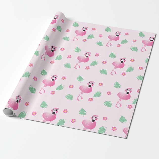 Flamingo Tropical Leaf Blume Muster Light Pink Geschenkpapier (Ungerollt)