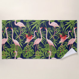 Flamingo Tropical Pflanze auf Deep Blue Background Strandtuch