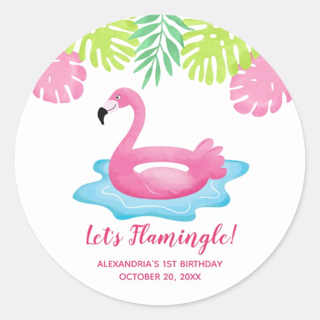 Flamingo Tropical Pool Gastgeschenk Sticker (Vorderseite)