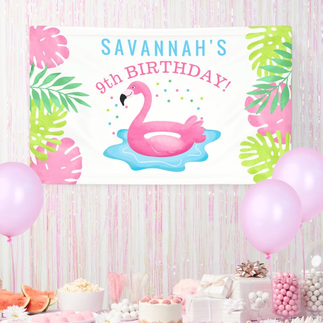 Flamingo Tropical Pool Party Bash Birthday Banner (Flamingo Pool Party Birthday Banner)
