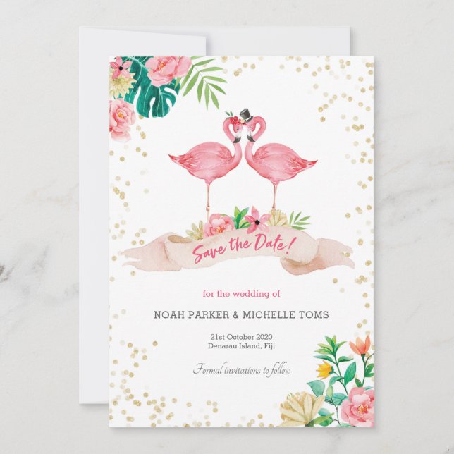 Flamingo Tropical Save the Date Karte (Vorderseite)