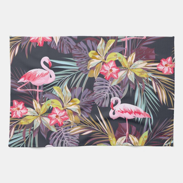Flamingo Tropical: Sommer nahtloses Muster Geschirrtuch (Horizontal)