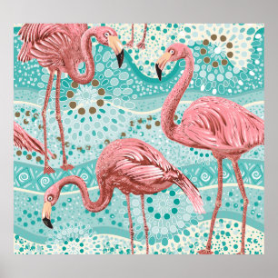 Flamingo Tropical: Vintages Tapete mit Blumen Poster