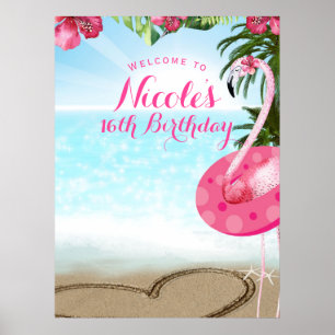 Flamingo Tropics Hibiskus Pink Chic Party Banner Poster