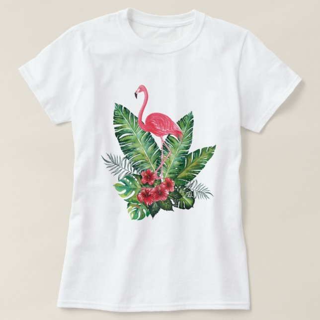 Flamingo tropische Blätter T-Shirt (Design vorne)