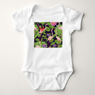 Flamingo, tropische Pflanze, schwarzer Hintergrund Baby Strampler