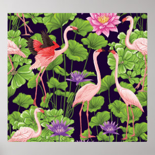 Flamingo, tropische Pflanze, schwarzer Hintergrund Poster