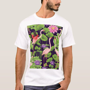 Flamingo, tropische Pflanze, schwarzer Hintergrund T-Shirt