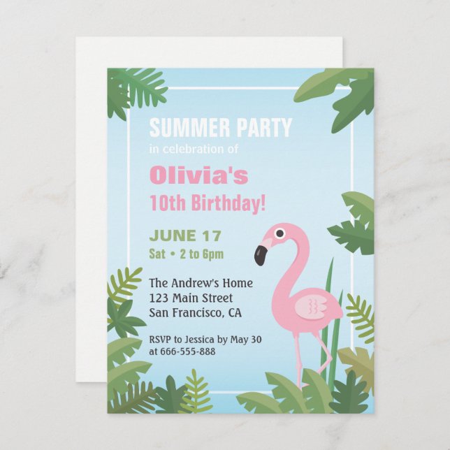 Flamingo-tropische Sommer-Geburtstags-Party Einladung (Vorne/Hinten)