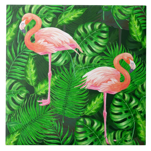 Flamingo tropische Wasserfarbe Fliese (Vorderseite)
