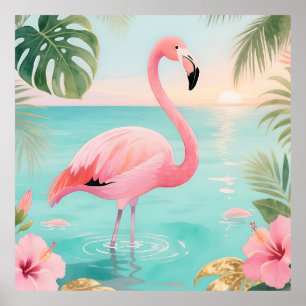 Flamingo Tropischer Sonnenuntergang Aquarell Poster
