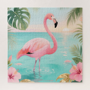 Flamingo Tropischer Sonnenuntergang Aquarell Puzzle
