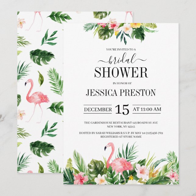 Flamingo tropisches Brautparty Einladung (Vorne/Hinten)