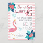 Flamingo tropisches Rosa und blaue Blumen 16. Einladung<br><div class="desc">Diese voll anpassbare Sweet 16. Einladung verfügt über ein schönes rosa Flamingo mit Goldkrone und eine Blume Halskette. In der oberen und der unteren rechten Ecke gibt es rosa tropische Blume mit blauen Blätter. Der Hintergrund ist rosa und weiß gestreift. Wenn Sie Hilfe, weitere Anpassungen oder andere passende Artikel benötigen,...</div>