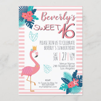 Flamingo tropisches Rosa und blaue Blumen 16. Einladung