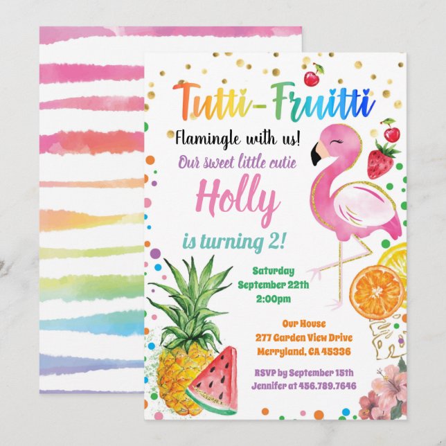Flamingo Tutti Fruitti Girl 2. Geburtstag Party Einladung (Vorne/Hinten)