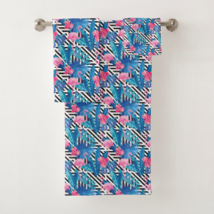 Flamingo u. Palmen auf geometrischem Muster Badhandtuch Set