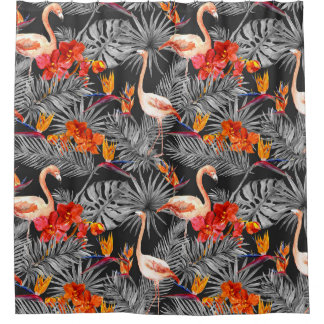 Flamingo und Blume, monochrome Muster. Duschvorhang