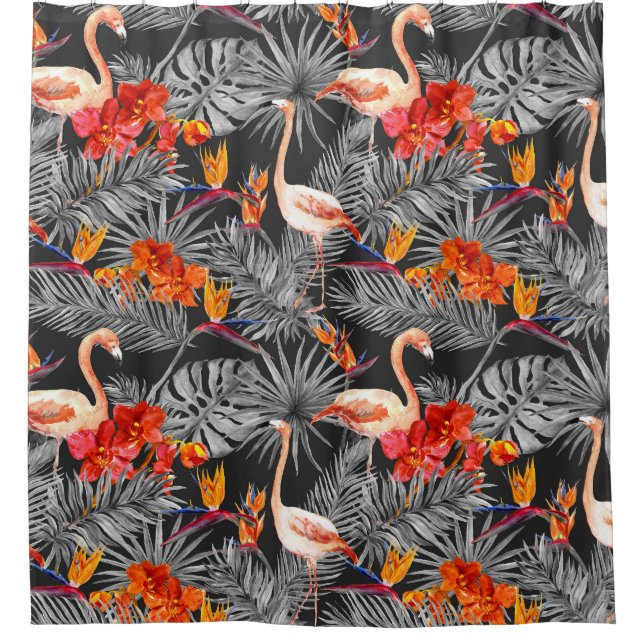 Flamingo und Blume, monochrome Muster. Duschvorhang (Vorderseite)