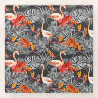 Flamingo und Blume, monochrome Muster. Glasuntersetzer