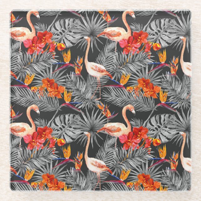 Flamingo und Blume, monochrome Muster. Glasuntersetzer (Vorderseite)