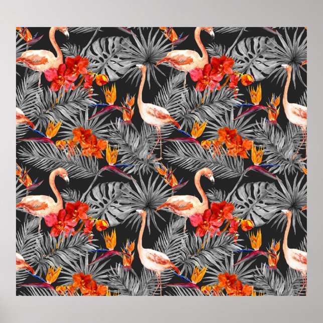 Flamingo und Blume, monochrome Muster. Poster (Vorne)