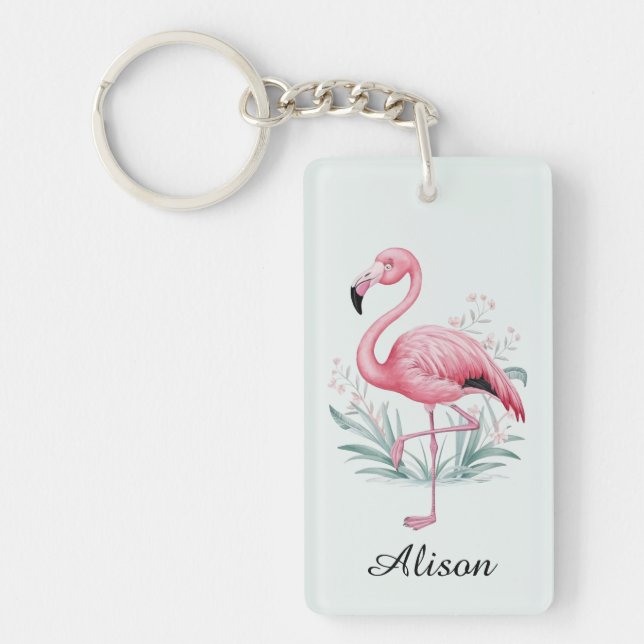Flamingo und Blume Personalisiert Schlüsselanhänger (Vorderseite)
