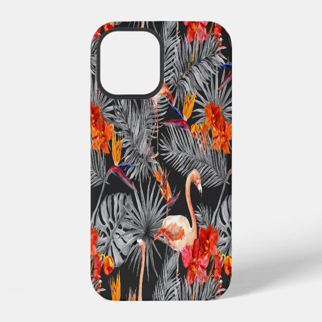 Flamingo und Blumen, monochromes Muster. iPhone Hülle (Rückseite)