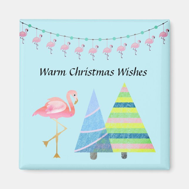 Flamingo und farbenfrohe Bäume Warme Weihnachtswün Magnet (Vorne)