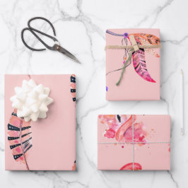 Flamingo- und Federn-Packpapier, Set von 3 Geschenkpapier Set