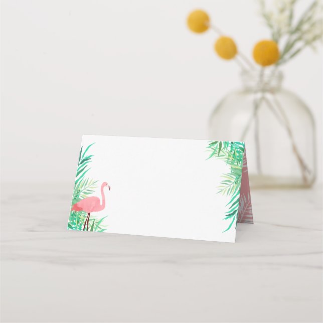 Flamingo und Palm Blätter Tropische Hochzeit Platzkarte (Vorderseite)
