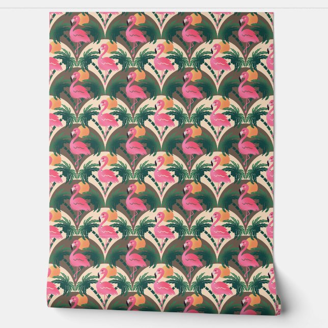 Flamingo und Palms Retro braunes Muster Tapete (Abrollen)