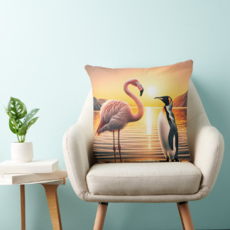 Flamingo und Penguin Sunset Encounter Kissen