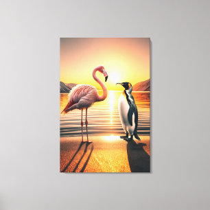 Flamingo und Penguin Sunset Encounter Leinwanddruck