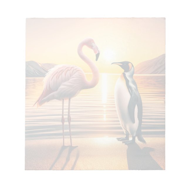 Flamingo und Penguin Sunset Encounter Notizblock (Vorderseite)
