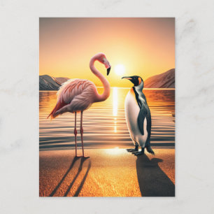 Flamingo und Penguin Sunset Encounter Postkarte