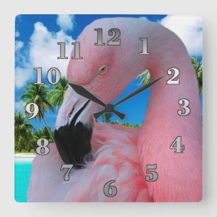 Flamingo und Strand Quadratische Wanduhr