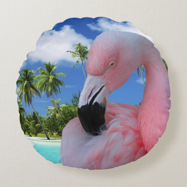 Flamingo und Strand Rundes Kissen (Vorderseite)