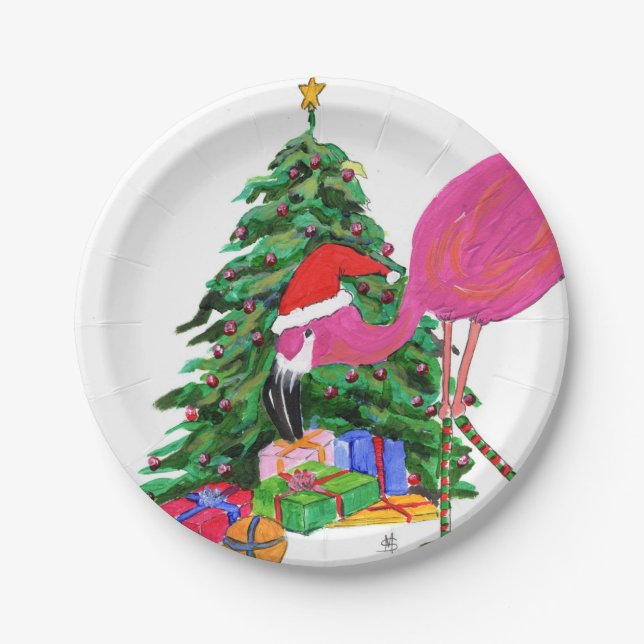 Flamingo und Weihnachtsbaum Pappteller (Vorderseite)