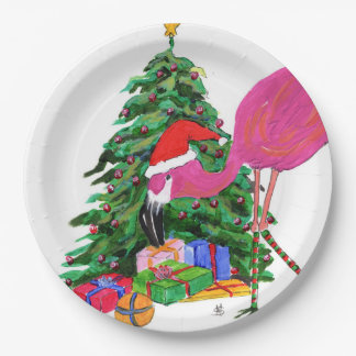 Flamingo und Weihnachtsbaum Pappteller