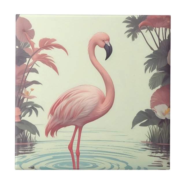 Flamingo Vintag Pink Bird Fliese (Vorderseite)