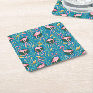 Flamingo-Vögel 20er Jahre Deco-Farne Muster Blau G Rechteckiger Pappuntersetzer