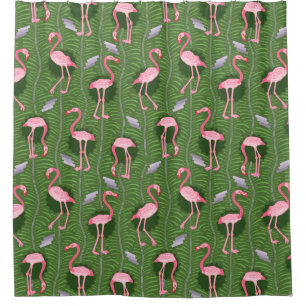 Flamingo Vögel 20er Jahre Deco Grüne Farne Tropisc Duschvorhang